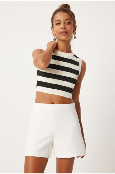 Women's Black Cream Striped Sleeveless Knitted Blouse