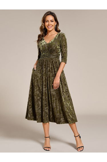 ever NYRA|Floral Velvet 3/4 Sleeve V-Neck Pleated Wedding Guest Dress