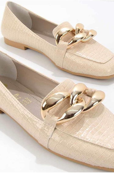Beige Patent Leather Women's Loafer Shoes