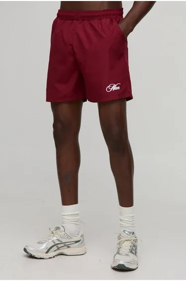 Branded Regular fit Mid length Embroidered Swim Shorts - burgundy