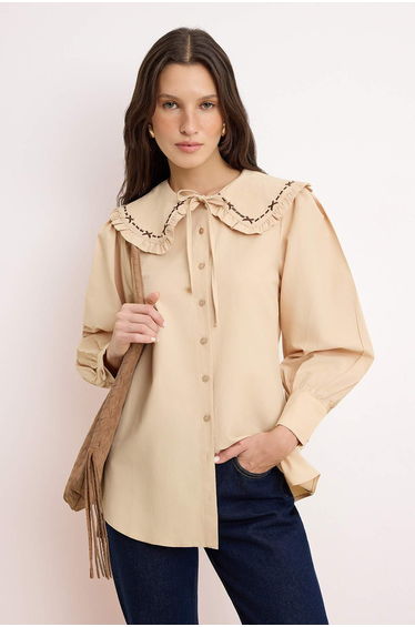 Light Beige Regular Terrycotton Plain Woven Collar with Embroidery Detail Hijab Shirt