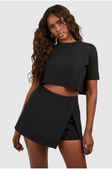 Woven Wrap Side Split Skort - black