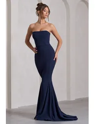 Impress Me | Navy Strapless Bandeau Fishtail Maxi Dress - 4