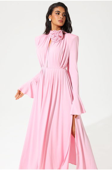 Magalie High Collar Flower Midi Dress pink in Pink
