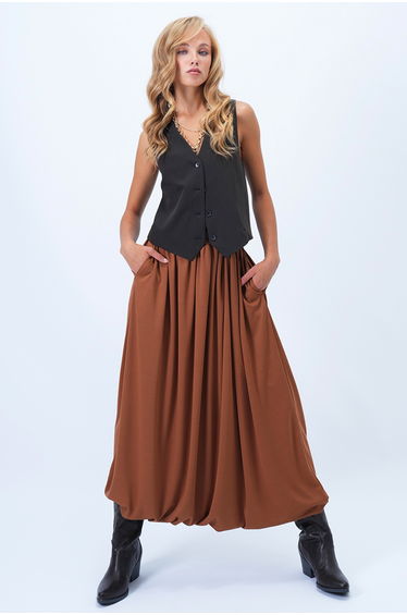Women's Brown Double Pocket Lined Maxi Length Bubble Skirt