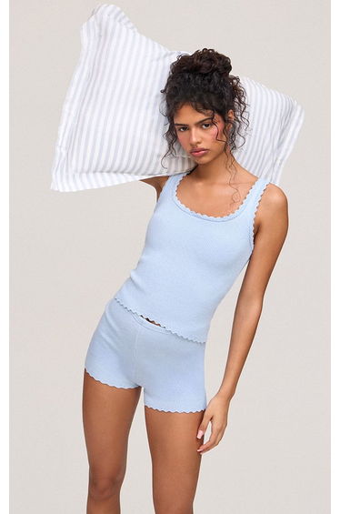Blue Knitted Scallop Edge Scoop Tank Top