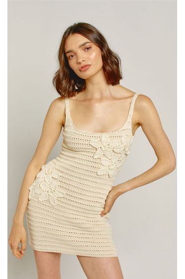Cream Flower Crochet Mini Dress