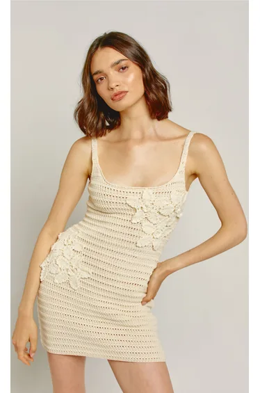 Cream Flower Crochet Mini Dress