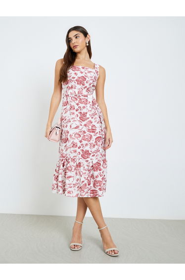 Women Red Floral Strappy A-Line Midi Dress