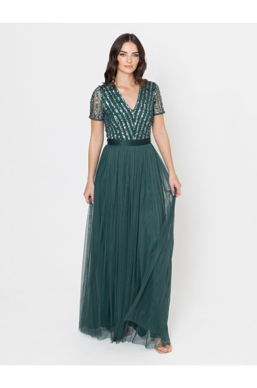 Maya Emerald Green Stripe Embellished Maxi Dress With Sash Belt