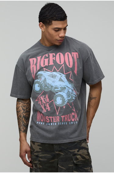 Oversized Acid Wash Big Foot License Print T-shirt - washed black