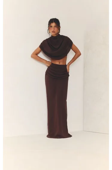 Dark Brown Chiffon High Neck Pleated Draped Top Co-ord