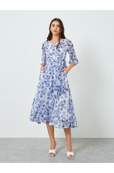 Women Floral Printed Wrap Midi Dress