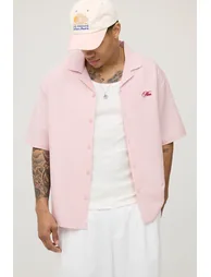 قميص نص كم بتصميم واسع بقماش شاشي بتطريز - زهري