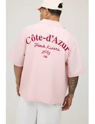 قميص نص كم بتصميم واسع بقماش شاشي بتطريز - زهري - 1