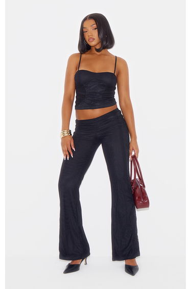 Black Lace Mesh Panel Straight Leg Trousers
