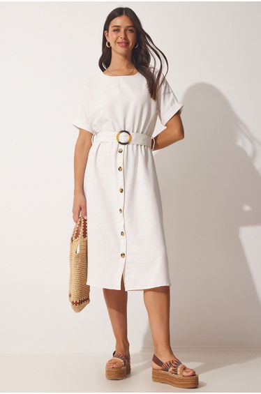 Women's Cream Viscose Linen Summer Dress With Belt