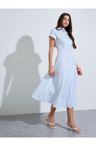 Blue Striped Shirt Midi Dress