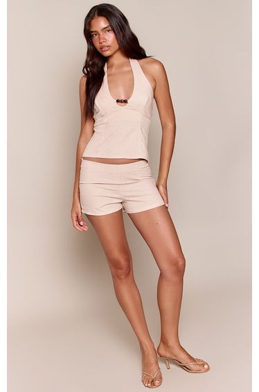 Taupe Linen Look Beaded Detail Halter Top Co-ord