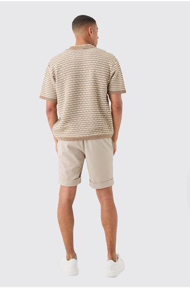 Oversized Boxy Stripe Textured Knit Polo - stone