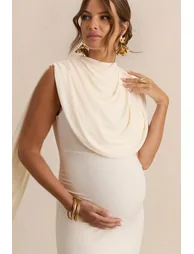 فستان ماكسي بتفصيلة كاب بياقة دائرية لون كريمي - للحوامل - 3