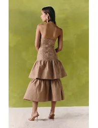 فستان ميدي دانتيل بطبقات متدرجة بكشكش بياقة هالتر - بيج - 3