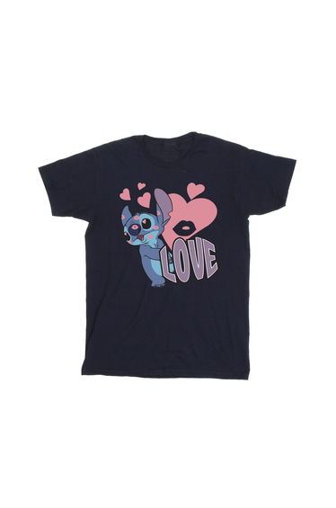 Lilo & Stitch Girls Love Hearts Cotton T-Shirt - Navy Blue