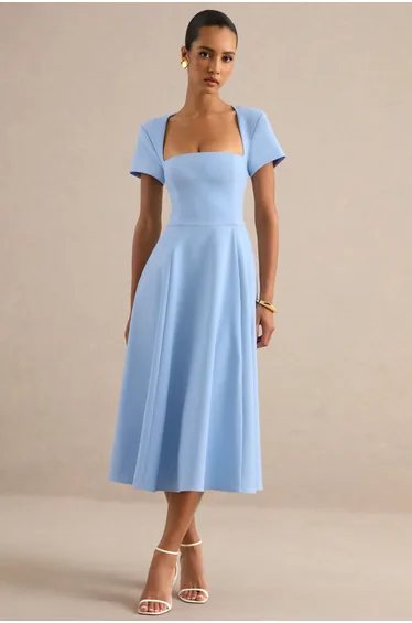 Donia | Light Blue Square-Neck Midi Skater Dress