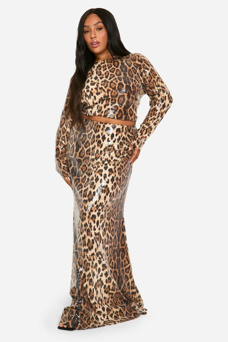 Shop Plus Leopard Sequin Column Maxi Skirt Online in Bahrain