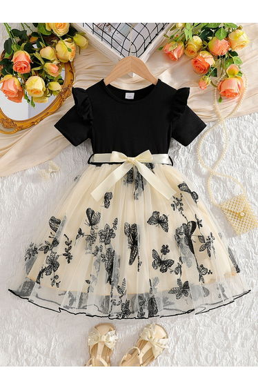 Round Neck Bow Detail Ruffle Hem Mesh Knee Length Dress