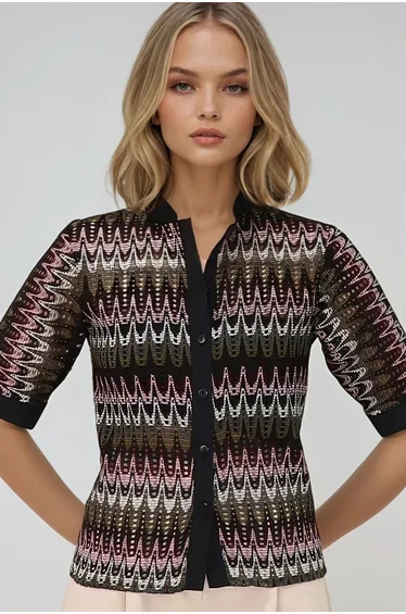 Women's Khaki Judge Collar Woven Cuffed Openwork Short Sleeve Guipure Shirt