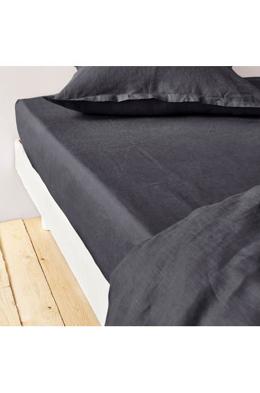 Black Washed Linen Fitted Sheet