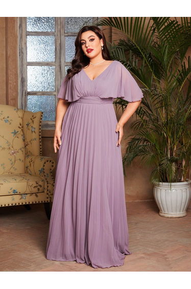 Leely Plus Women's Elegant V Neck Batwing Sleeve Pleated A-Line Dress