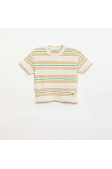 Striped cotton and linen jersey T-shirt BEIGE