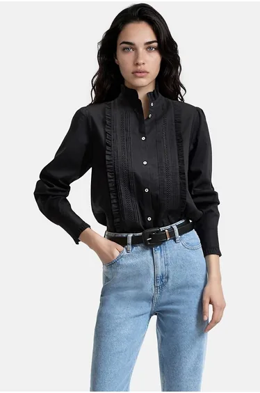 Bib Front Long Sleeve Victorian Collar Blouse