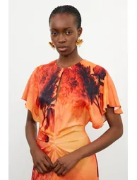 Floral Print Satin Crepe Woven Angel Sleeve Midi Dress - 1
