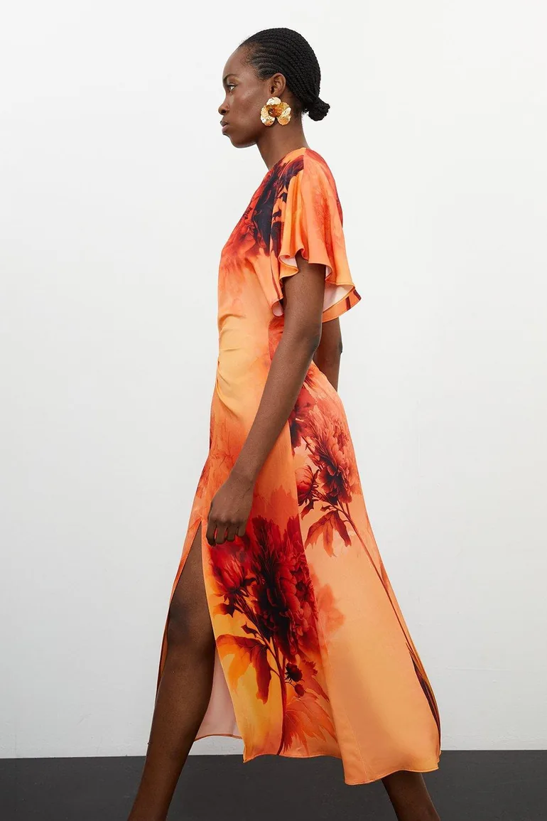 Floral Print Satin Crepe Woven Angel Sleeve Midi Dress - 2
