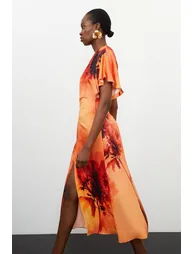 Floral Print Satin Crepe Woven Angel Sleeve Midi Dress - 2