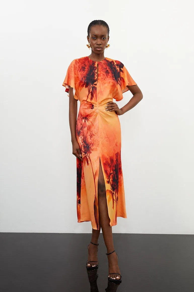 Floral Print Satin Crepe Woven Angel Sleeve Midi Dress