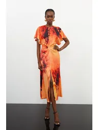 Floral Print Satin Crepe Woven Angel Sleeve Midi Dress