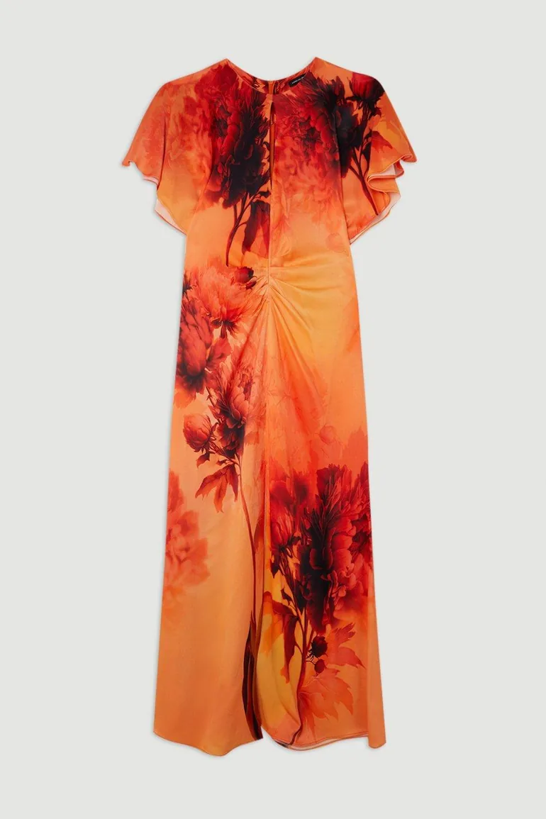 Floral Print Satin Crepe Woven Angel Sleeve Midi Dress - 3