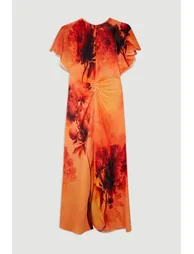 Floral Print Satin Crepe Woven Angel Sleeve Midi Dress - 3