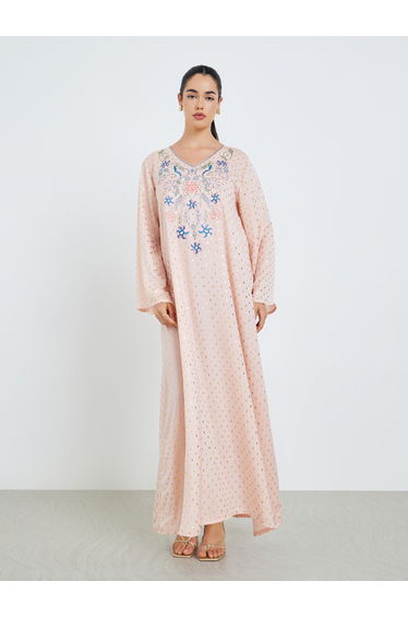 Women Pink Foil Print Embroidered A-Line Jalabiya