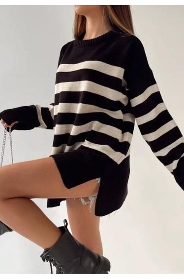 Relaxed Stripe Dropped Shoulder Knit Sweater in Black