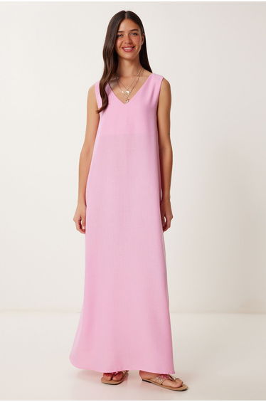 Women's Pink Sleeveless Basic Summer Linen Dress
