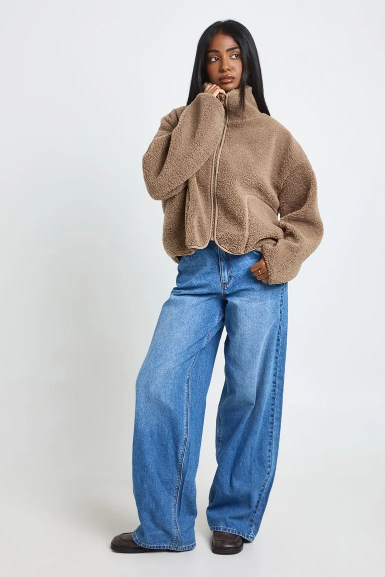 Funnel Neck Teddy Jacket - mushroom