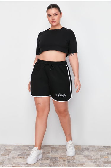 Black Printed Piping Detailed Knitted Shorts & Bermuda