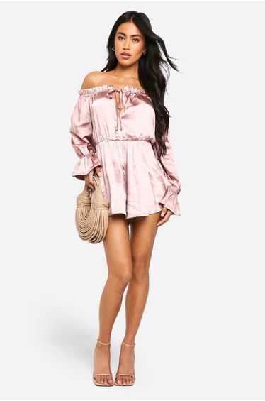 Bardot Ruched Satin Playsuit - blush