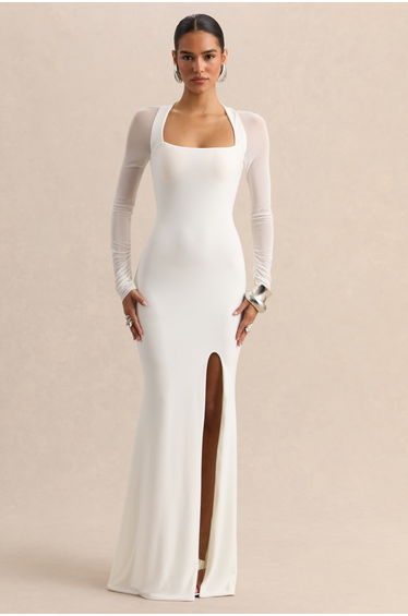 Fleurisia | White Square-Neck Maxi Dress With Mesh Long-Sleeves