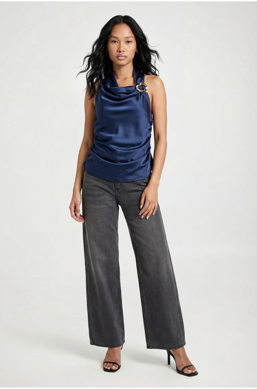 Gold Trim Halter Satin Top - navy